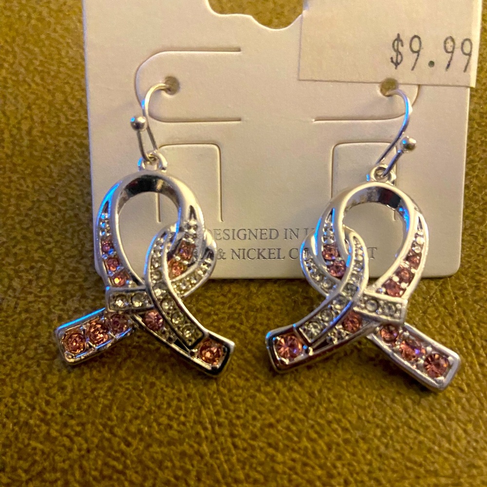 Pink Ribbon Rhinestone Earrings